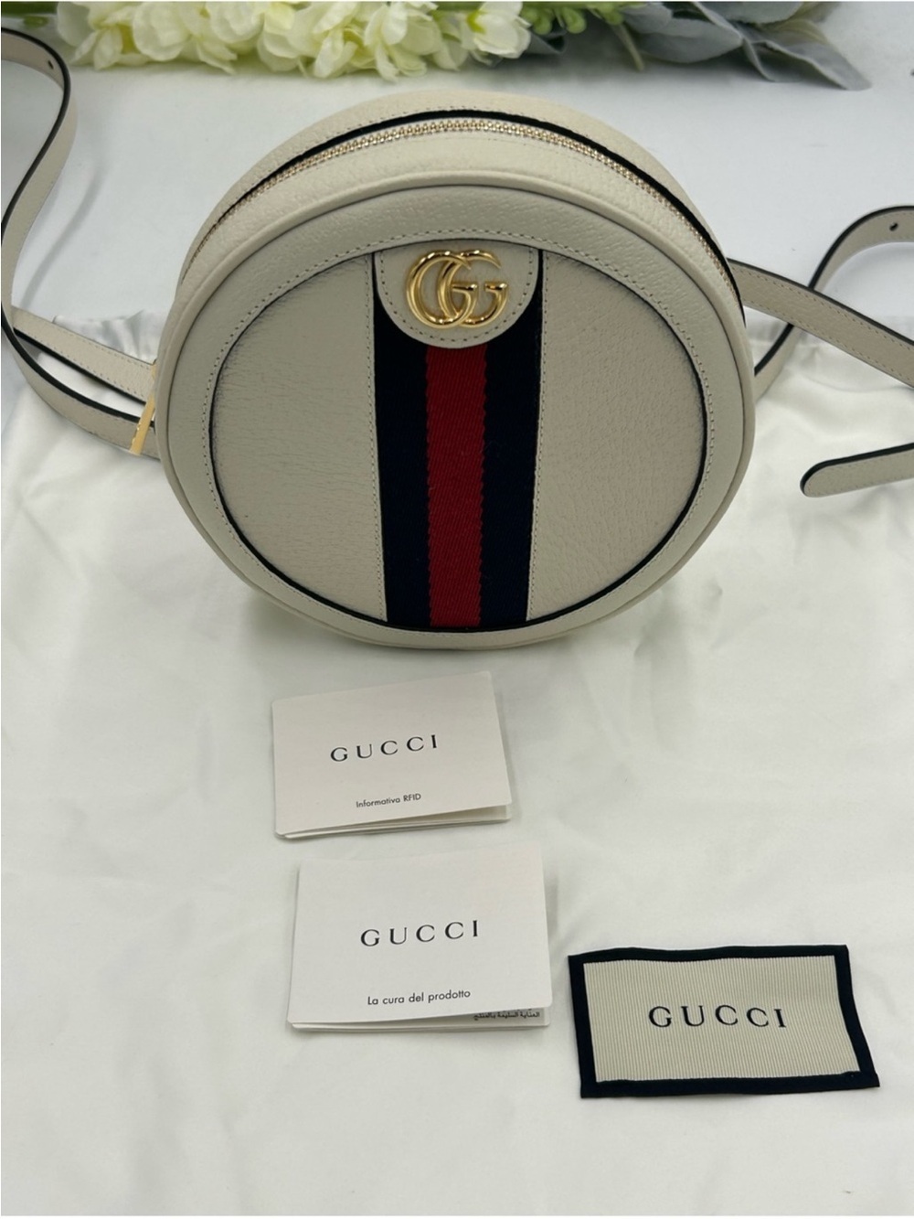 Gucci, Ophidia, mini round backpack featuring iconic gold tone double G logo NWT
